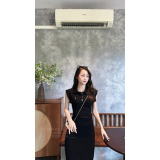 Váy cotton tăm xếp ly eo xẻ bên