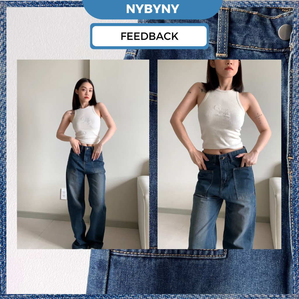 Quần jean ống rộng lưng cao màu xanh đậm túi vuông trước nybyny Kool