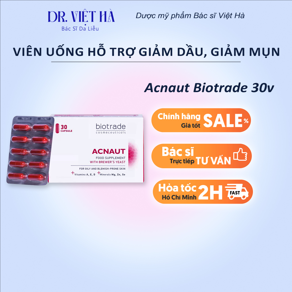 Viên uống BIOTRADE ACNAUT hỗ trợ giảm dầu, giảm mụn HỘP 30 VIÊN (Tem chính hãng)| Bs Hà Da Liễu Khuyên Dùng