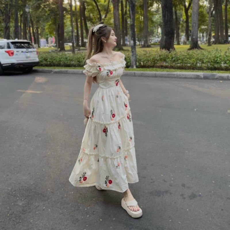 Đầm Nữ Dáng Dài Hoa Nhúng Bèo Trễ Vai Có Mút Thảo Nhi Store Chất Lụa Ý Thoáng Mát