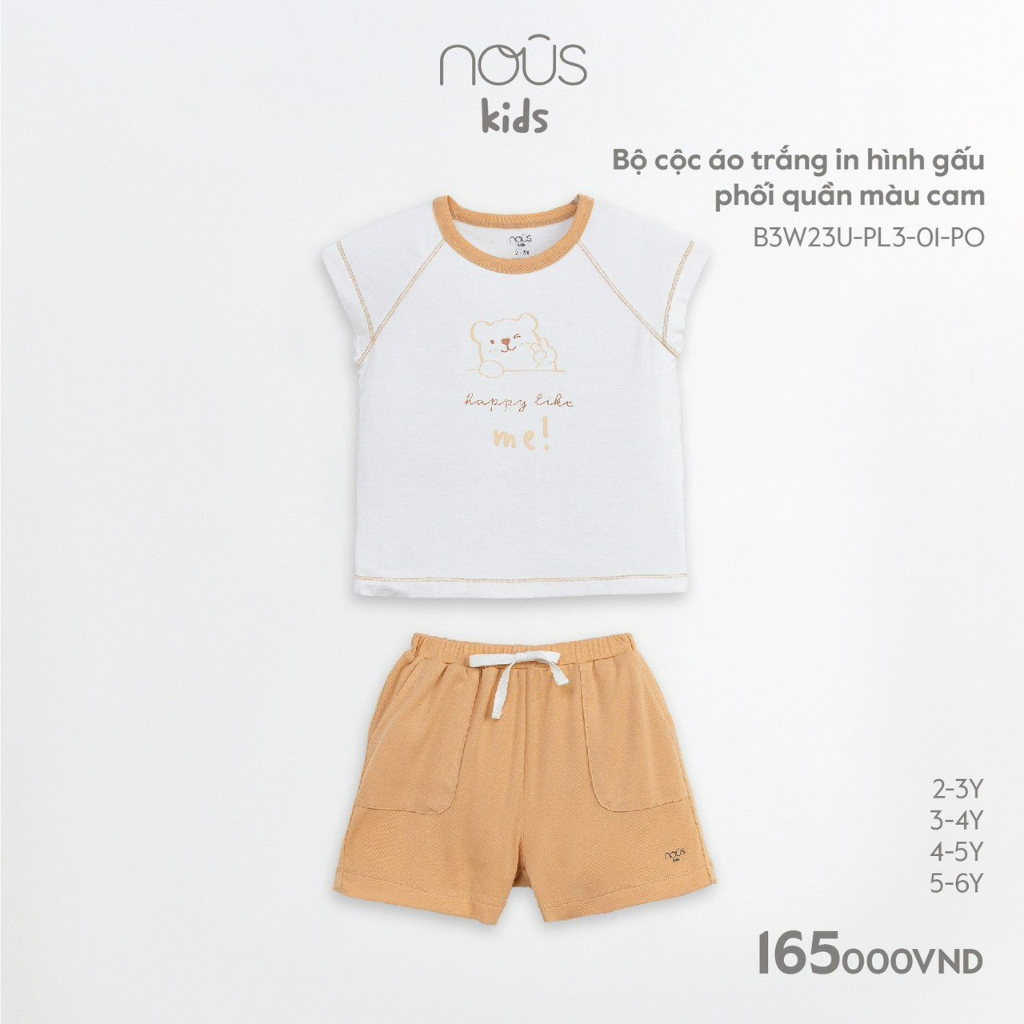 NOUS KIDS- Bộ cộc áo trắng in hình gấu phối quần cam Nous cho bé từ 2 đến 6 tuổi