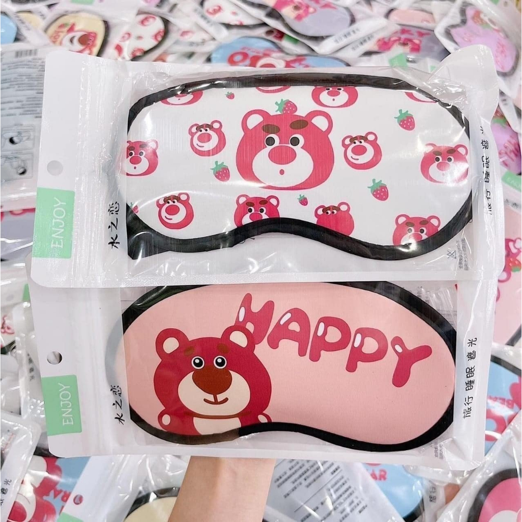 Bịt mắt ngủ họa tiết Gấu Dâu Losto dễ thương cute kèm Gel Massage - Đồ bịt mắt khi ngủ có gel làm mát thư gi