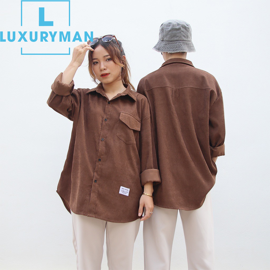 Áo sơ mi dài tay vải nhung tăm nam nữ dáng rộng thời trang