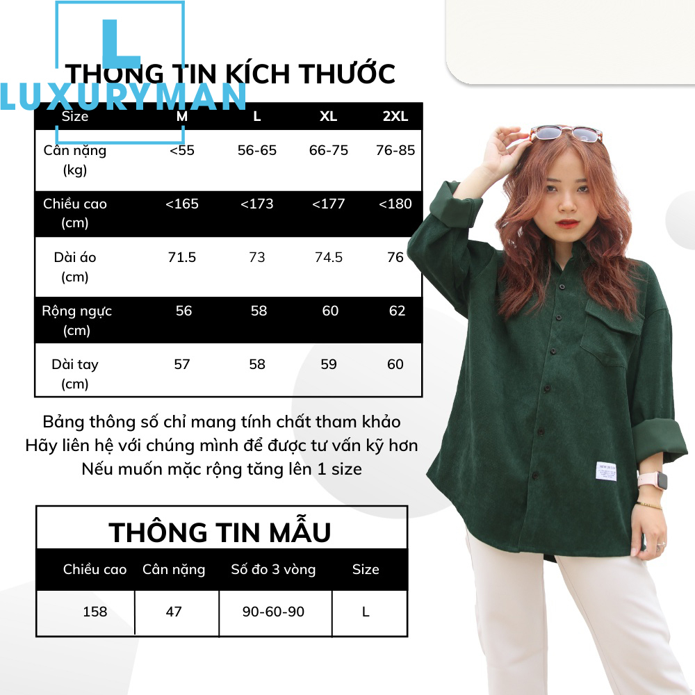 Áo sơ mi dài tay vải nhung tăm nam nữ dáng rộng thời trang