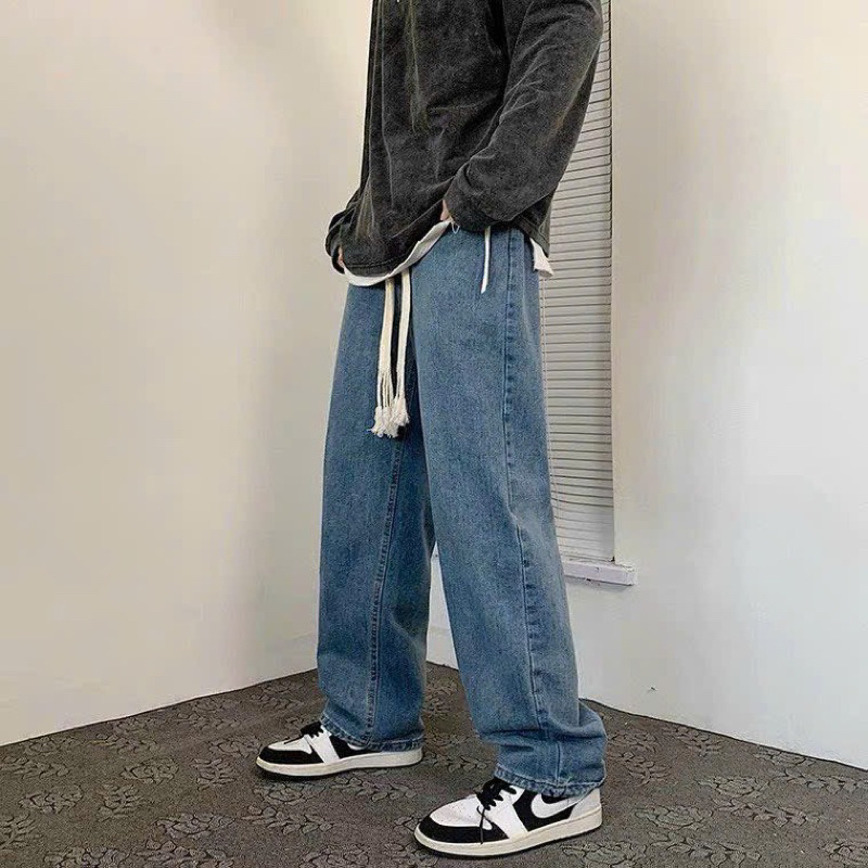 Quần bò baggy form rông hàn quốc hot trend có dây