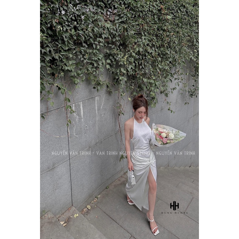 Đầm body nữ với thiết kế cổ yếm hở lưng mix đuôi váy xẻ tà thắt vạt quyến rũ ashyley