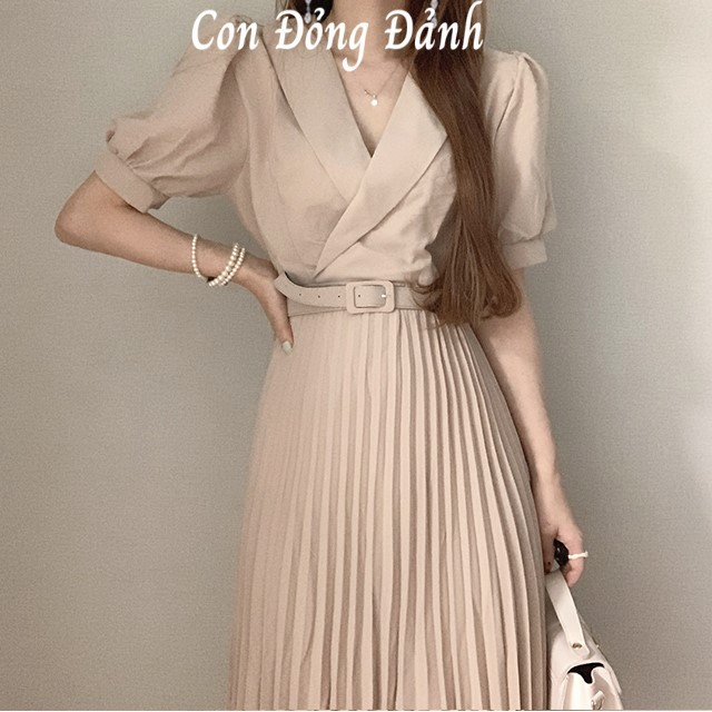 Váy Blazer Chân Váy Xếp Ly - Đầm Dáng Dài Tay Phồng Kèm Đai Order Taobao Con Đỏng Đảnh VD085
