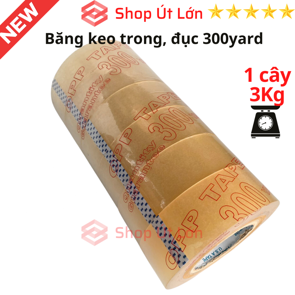 Băng keo trong 300yard, băng keo đục 300yard nặng 3kg, lõi giấy 5mm, rộng 4,7cm, 1 cây có 6 cuộn