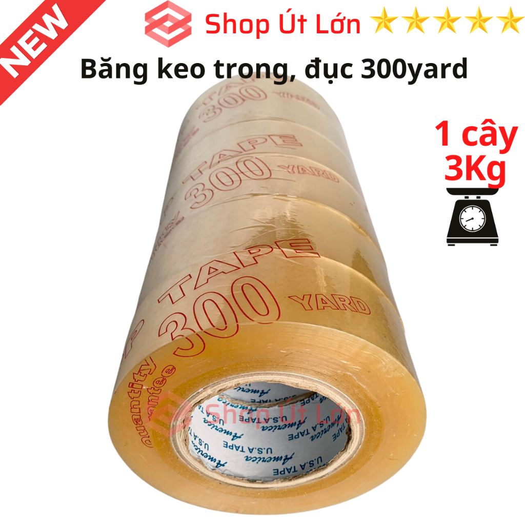 Băng keo trong 300yard, băng keo đục 300yard nặng 3kg, lõi giấy 5mm, rộng 4,7cm, 1 cây có 6 cuộn