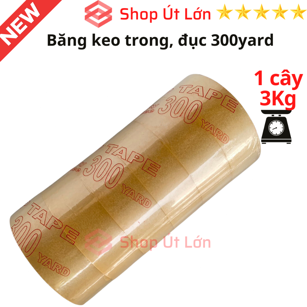 Băng keo trong 300yard, băng keo đục 300yard nặng 3kg, lõi giấy 5mm, rộng 4,7cm, 1 cây có 6 cuộn