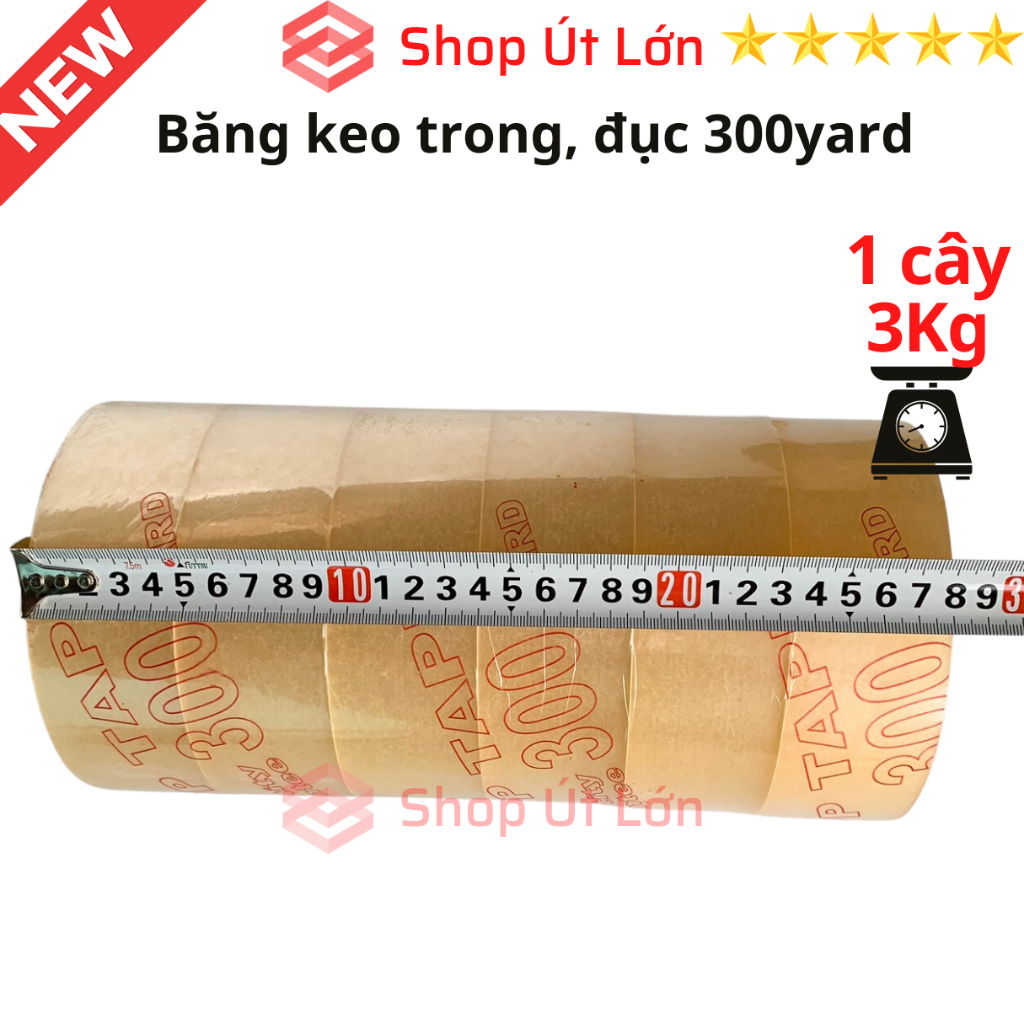 Băng keo trong 300yard, băng keo đục 300yard nặng 3kg, lõi giấy 5mm, rộng 4,7cm, 1 cây có 6 cuộn