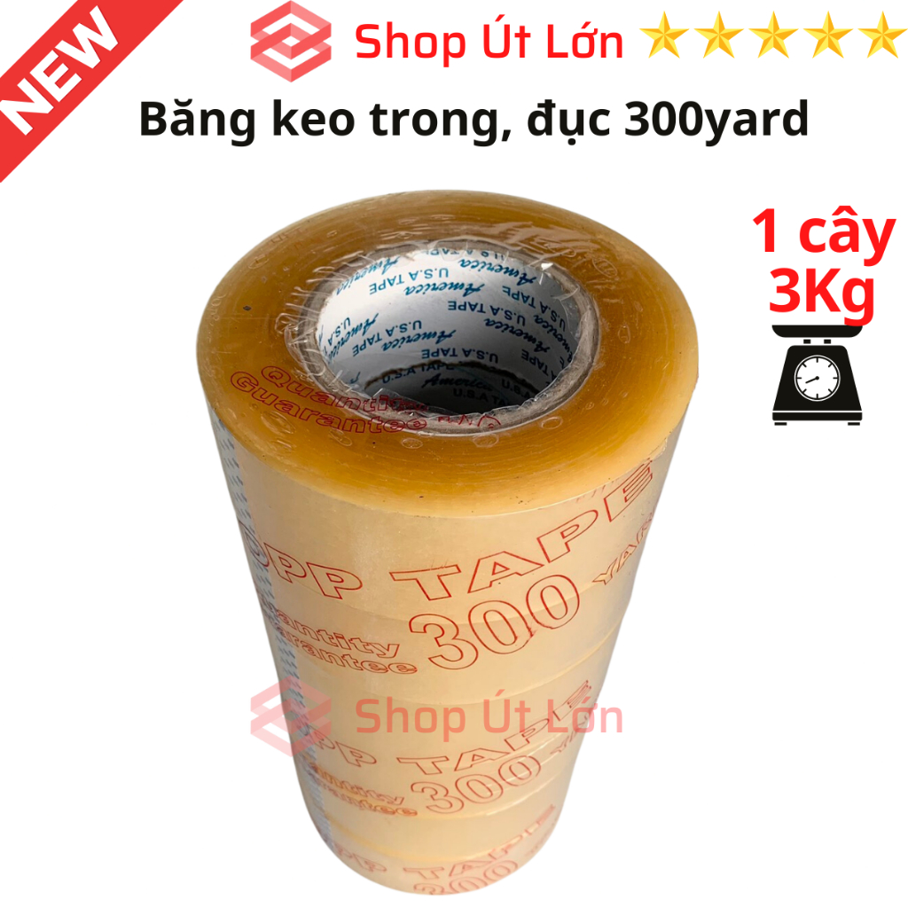 Băng keo trong 300yard, băng keo đục 300yard nặng 3kg, lõi giấy 5mm, rộng 4,7cm, 1 cây có 6 cuộn