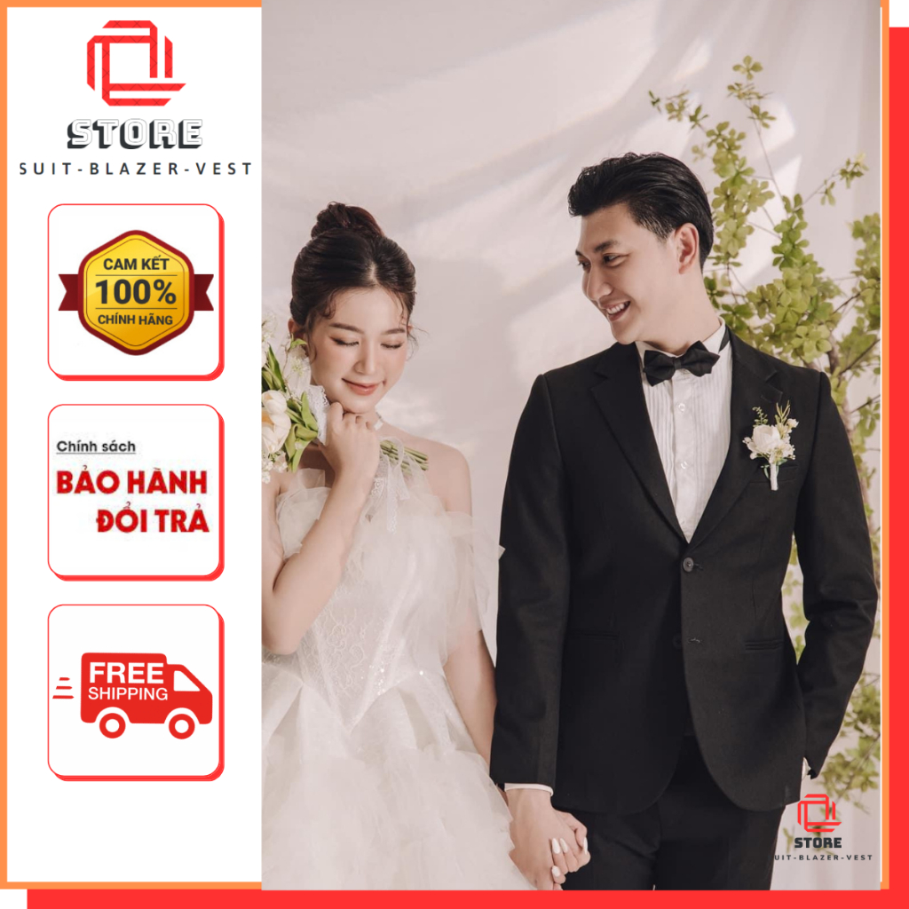 Bộ vest nam mặc ngày cưới 2 nút Màu Đen chất vải dày dặn cao cấp (áo+quần) full size