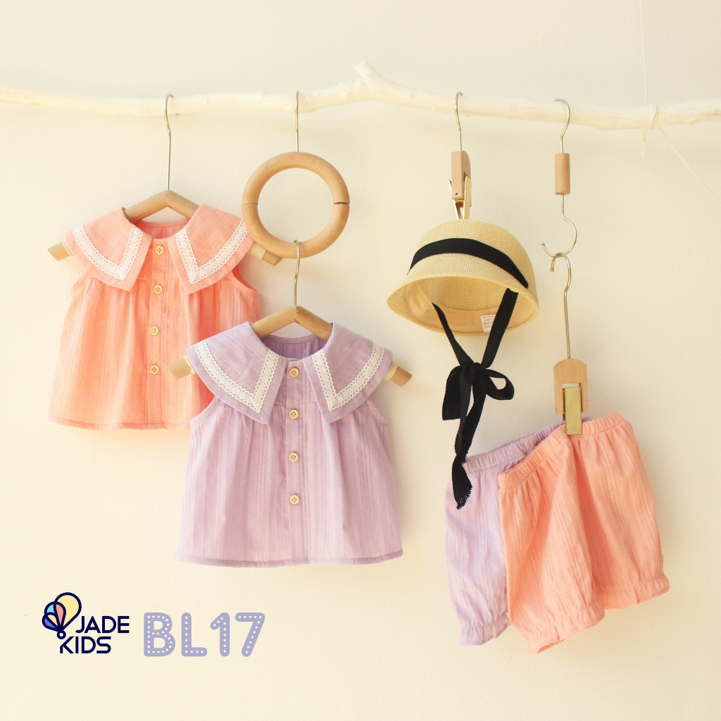 Quần áo bẻ gái, bộ ba lỗ bé gái, cổ sen phối ren điệu chất liệu vải thoáng nhẹ mềm mát cho bé