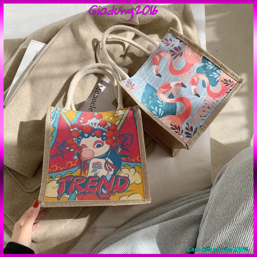 Túi Cói Phong Cách Vintage In Hình 🌏FREE SHIP🌎 Túi Vải Mini Thời Trang - Có Khóa Kéo