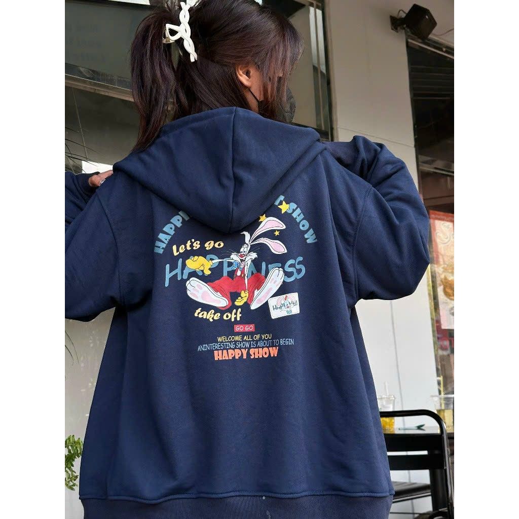 Áo khoác hoodie, in họa tiết happines form rộng Unisex Dây Khóa kéo kiểu dáng hàn quốc.TP