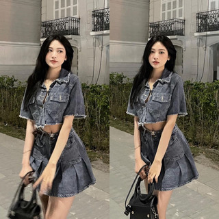 Set jean áo croptop kèm chân váy xoè chất jean dày dặn siêu hot