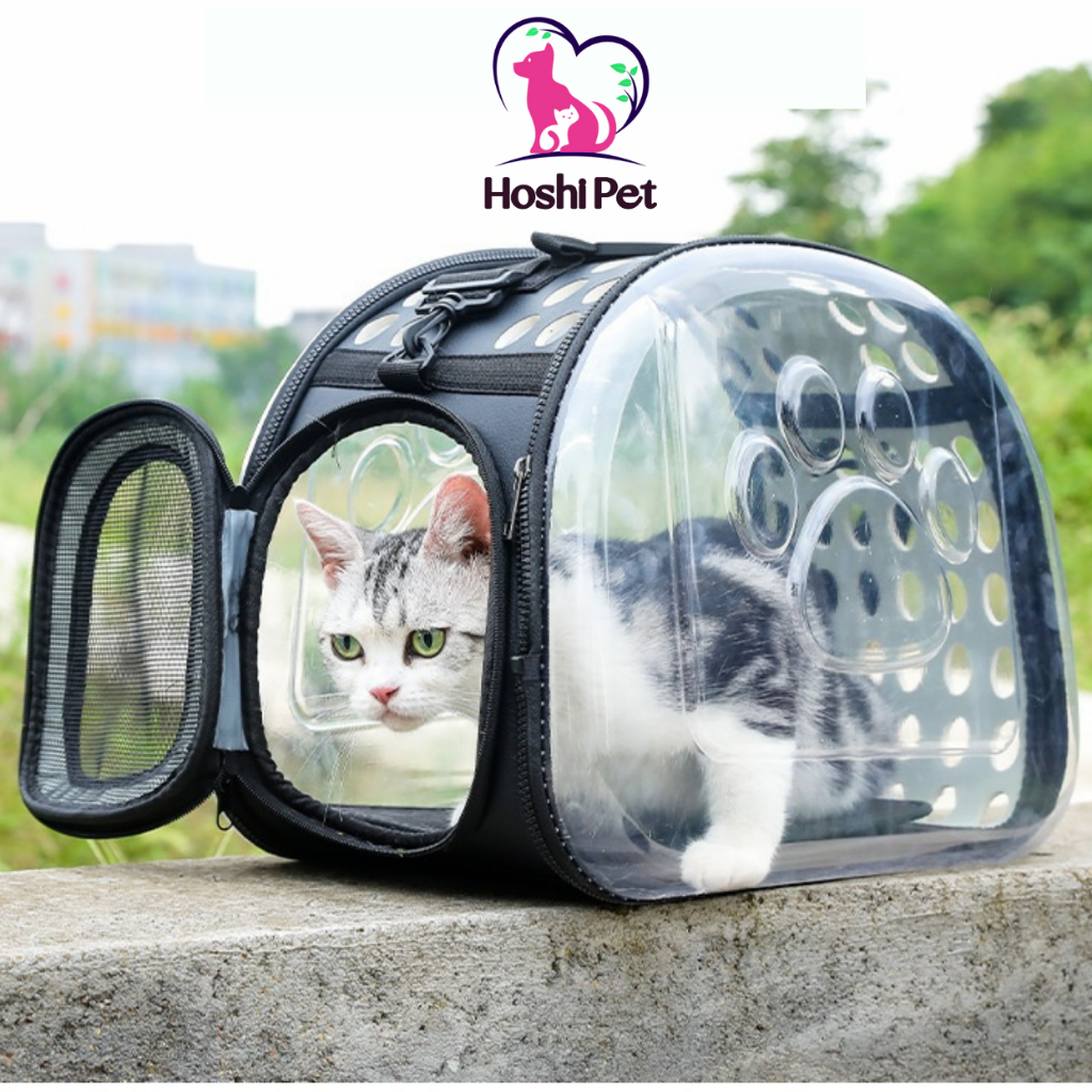 Túi đựng chó mèo trong suốt dấu chân chân mèo Hoshi Pet TVC03, túi trong suốt vận chuyển chó mèo đi xa, đi chơi