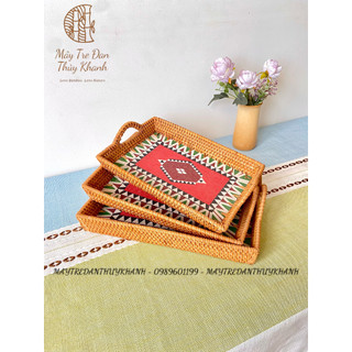 Khay mây thổ cẩm có tay cầm hình chữ nhật Mây Tre Đan Thủy Khanh