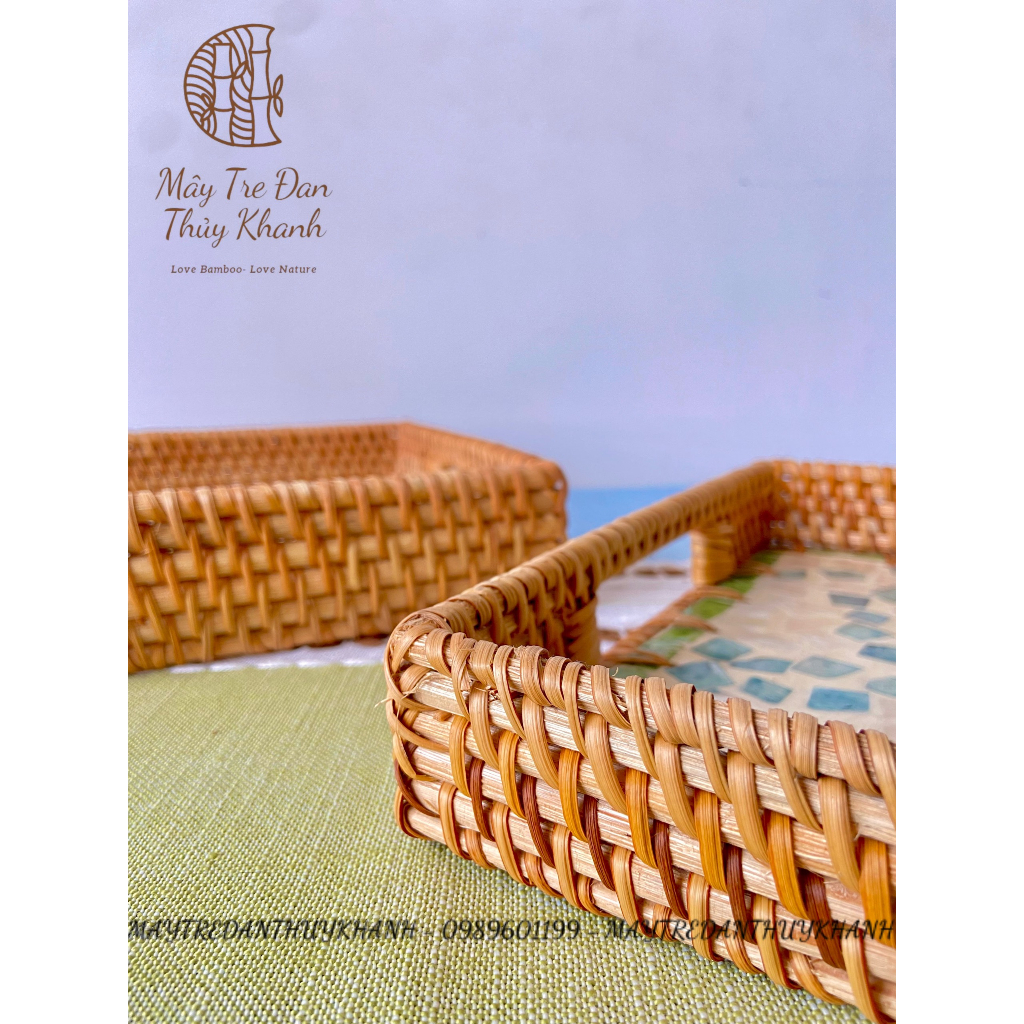 Khay mây khảm trai có tay cầm hình chữ nhật Mây Tre Đan Thủy Khanh