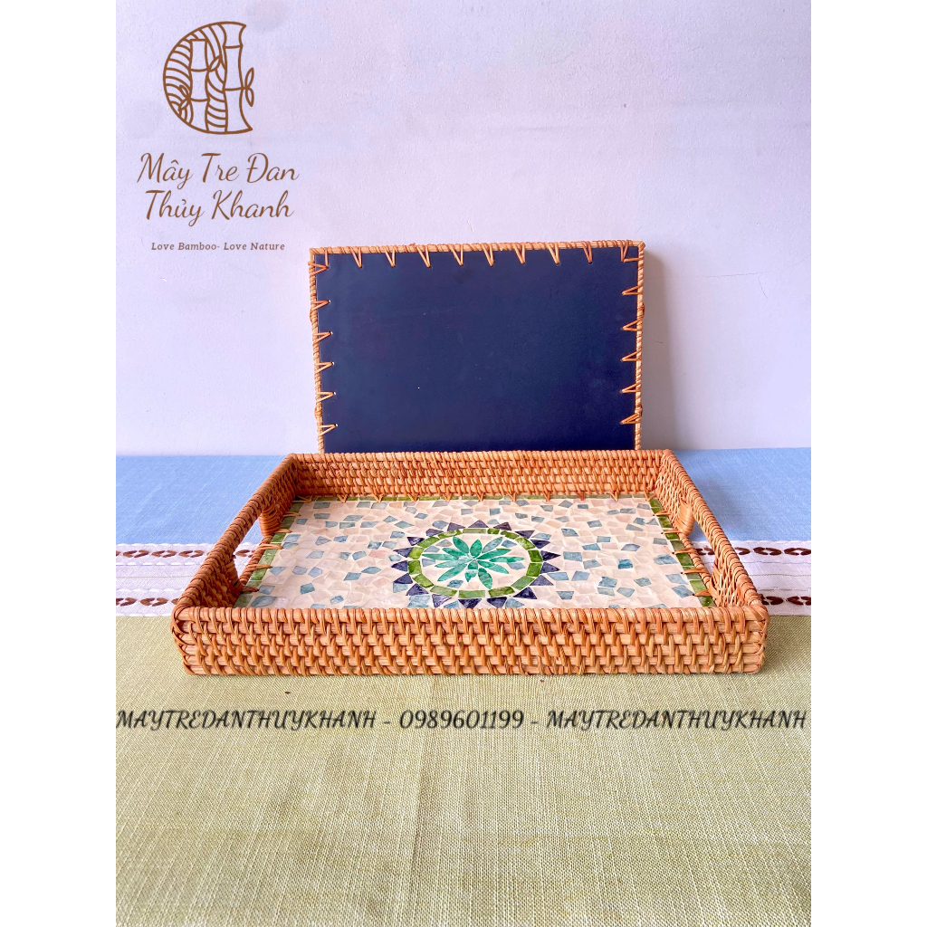 Khay mây khảm trai có tay cầm hình chữ nhật Mây Tre Đan Thủy Khanh