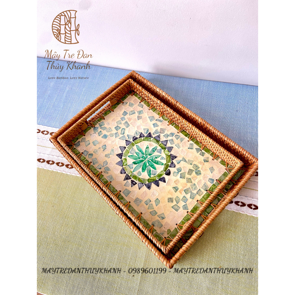 Khay mây khảm trai có tay cầm hình chữ nhật Mây Tre Đan Thủy Khanh