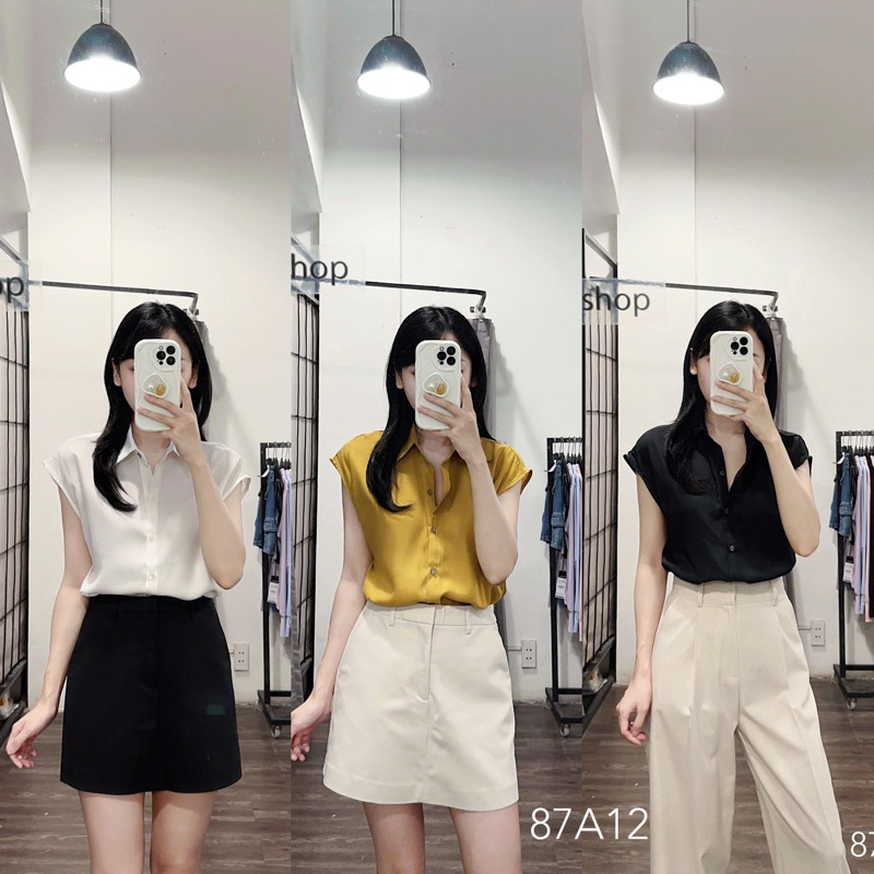 Áo sơ mi nữ ngắn tay hến dáng rộng - 87A12