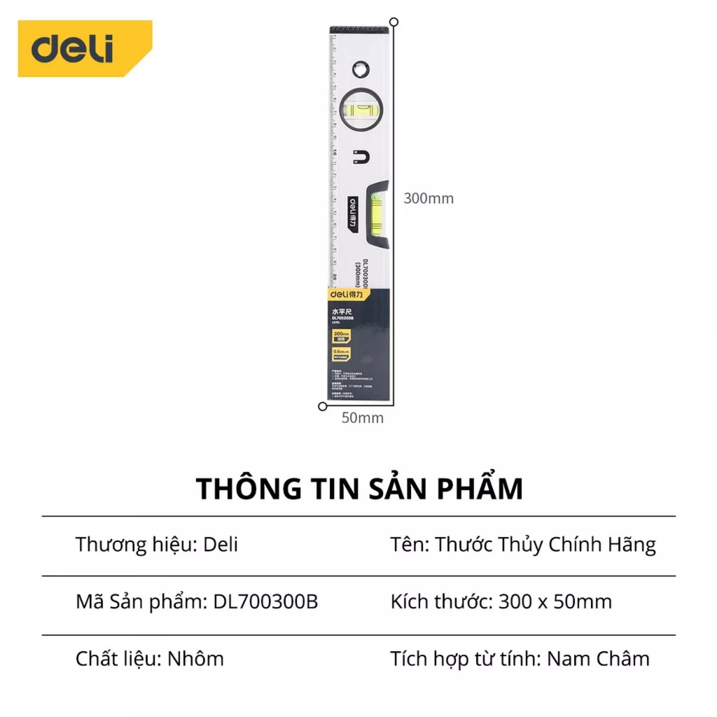 Thước Thủy Cao Cấp 300mm/400mm/600mm/800mm DELI DL700300B/ DL700400B/ DL700600B/ DL700800B - HÀNG CHÍNH HÃNG