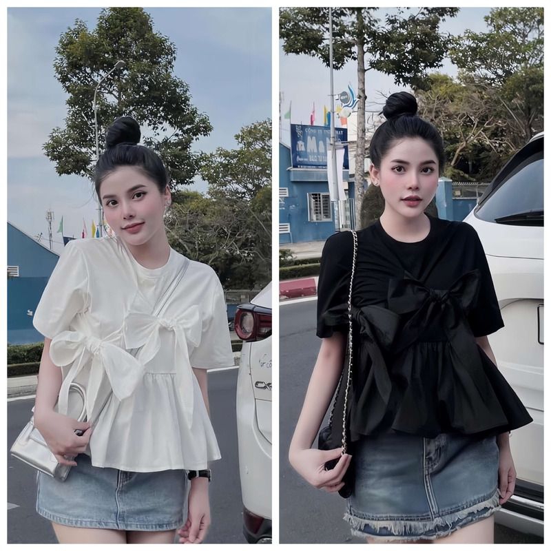 B44 Set Áo Babydoll Thắt 2 Nơ Dáng Xoè Kèm Quần Short Siêu Xinh