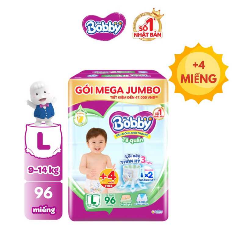 Tã quần Bobby mới Mega Jumbo M112+4/L104+4/M120/L104/XL96/XXL88