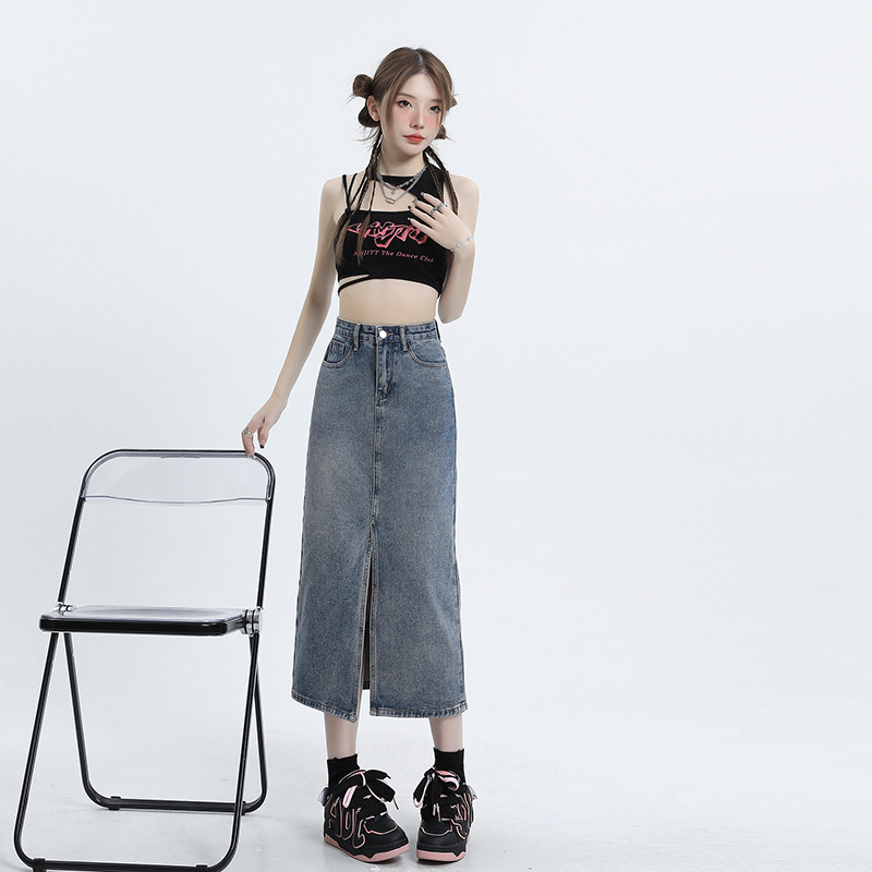 Chân Váy Denim Dài Xẻ Trước