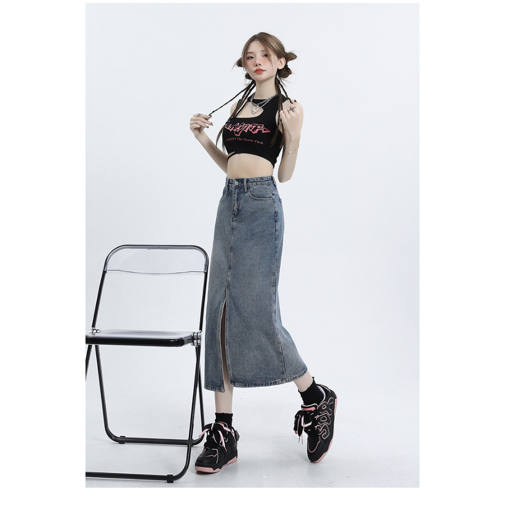 Chân Váy Denim Dài Xẻ Trước