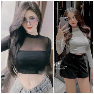 Áo thun croptop tay dài phối lưới, áo thun tay lưới - B0U