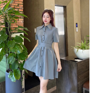 Đầm cổ sơ mi chéo eo đính nút