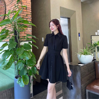 ĐẦM CỔ SƠ MI CHÉO EO ĐÍNH NÚT