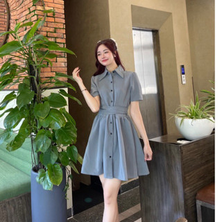 ĐẦM CỔ SƠ MI CHÉO EO ĐÍNH NÚT