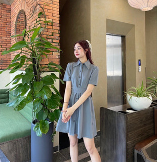ĐẦM CỔ SƠ MI CHÉO EO ĐÍNH NÚT