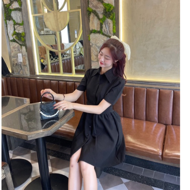 ĐẦM CỔ SƠ MI CHÉO EO ĐÍNH NÚT