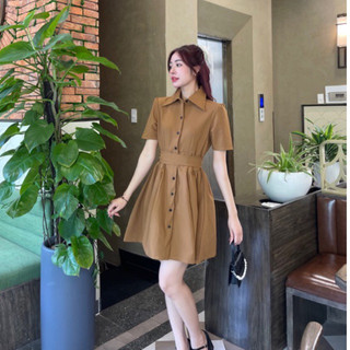 ĐẦM CỔ SƠ MI CHÉO EO ĐÍNH NÚT