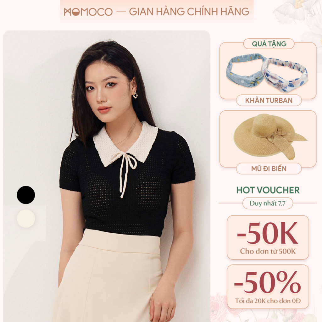 Áo Len Lỗ MOMOCO Cổ Sơ Mi Phối Nơ Phong Cách Điệu Đà Nữ Tính Chất Liệu Cao Cấp M3090