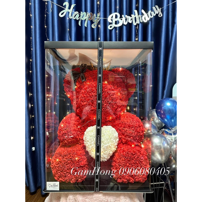 Gấu hoa  70cm fullbox - Tặng kèm Thiệp + Topper chữ Love You, Happy birthday, Wedding