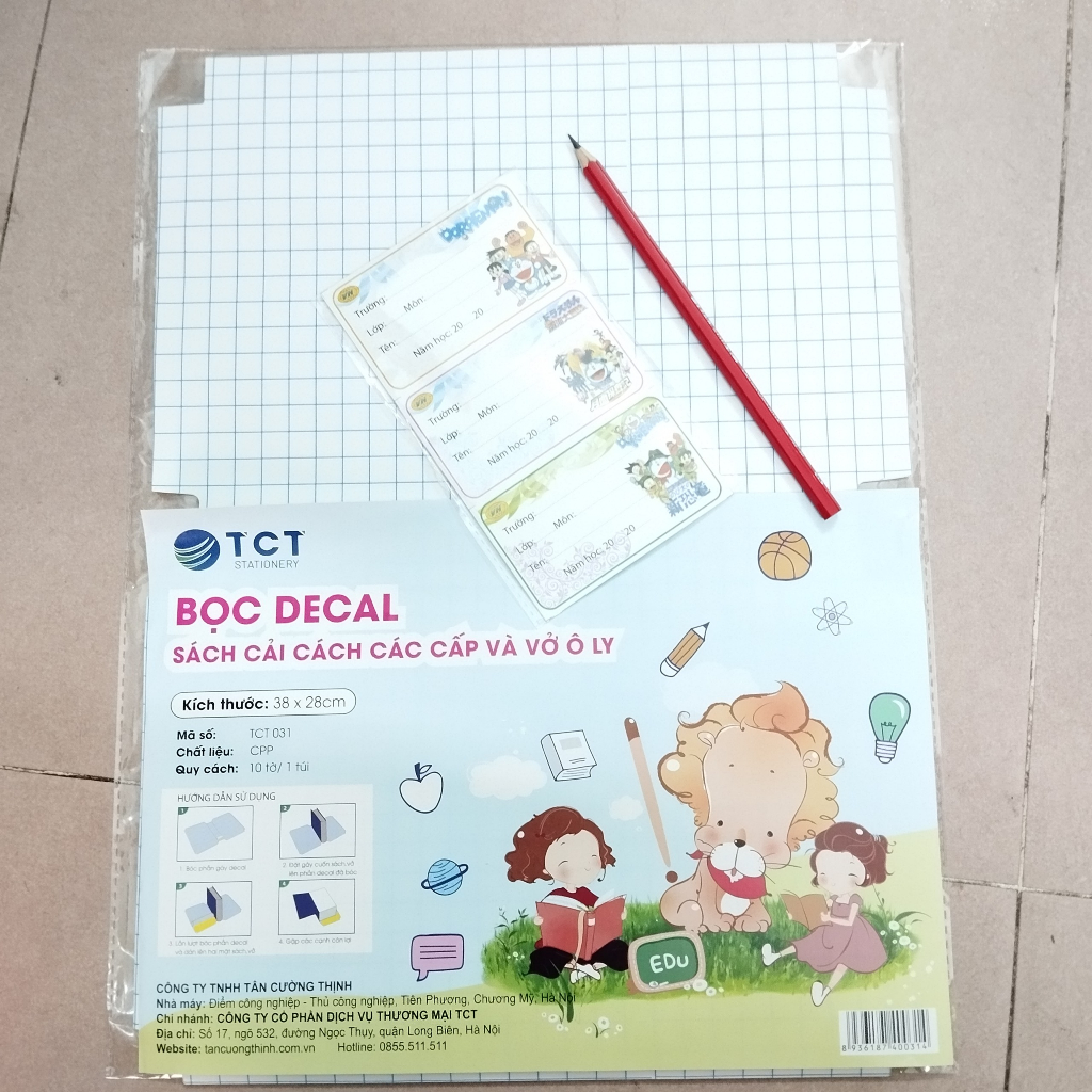 Tập 10 tờ Decal bọc sách vở Size 38x28cm TCT031 kèm nhãn vở + bút chì