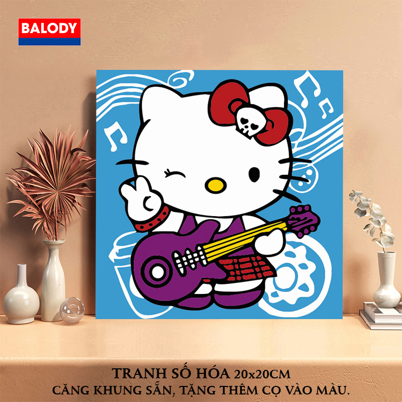 Tranh tô màu theo số Tranh Sơn dầu Số hóa Hello Kitty 20x20cm BALODY có khung,màu,cọ,móc treo tường Không có đánh giá
