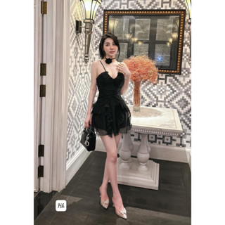 Đầm dáng chữ A hai dây rúm ngực phối bèo Datasco