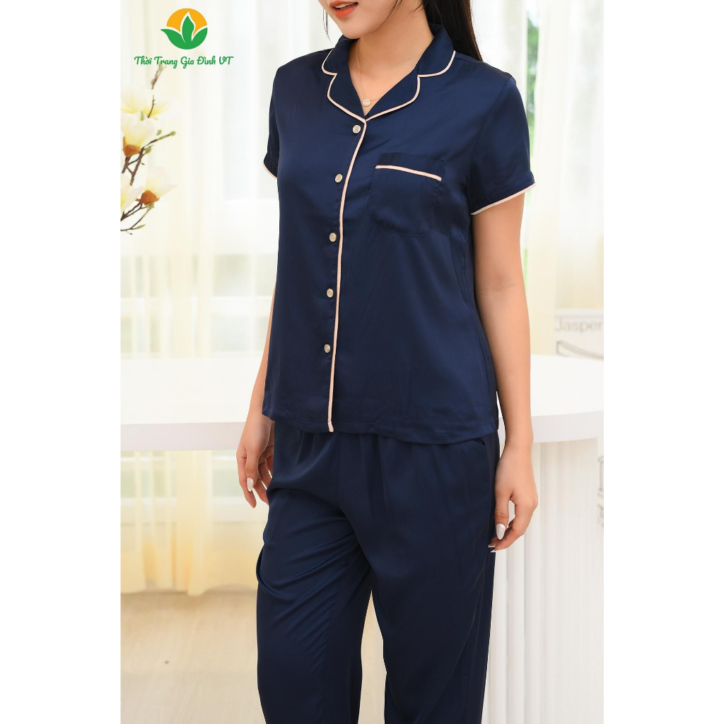 [Mã SGTTC40K giảm đến 40K đơn 50K] Bộ pijama lụa mặc nhà nữ Việt Thắng quần dài áo cộc tay - B28.2104