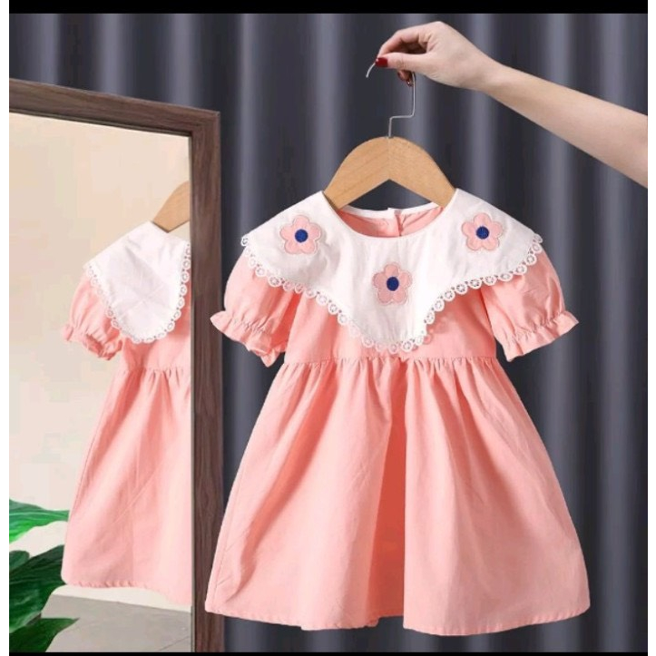 Váy bé gái Tay phồng cổ bẻ- Vải thô siêu mát