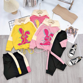 Xả hàng_Bộ bé gái nỉ da cá cao cấp áo hoodie có mũ , bộ nỉ da cá bé gái đáng yêu size đại 35 - 45kg