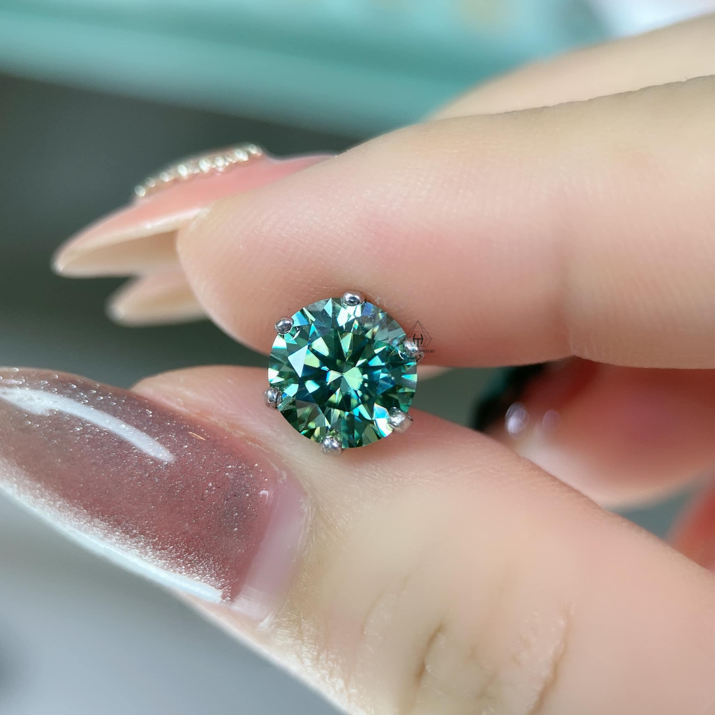 Bông tai Bạc nam nữ Moissanite xanh lá 57 giác 4-8mm EX003