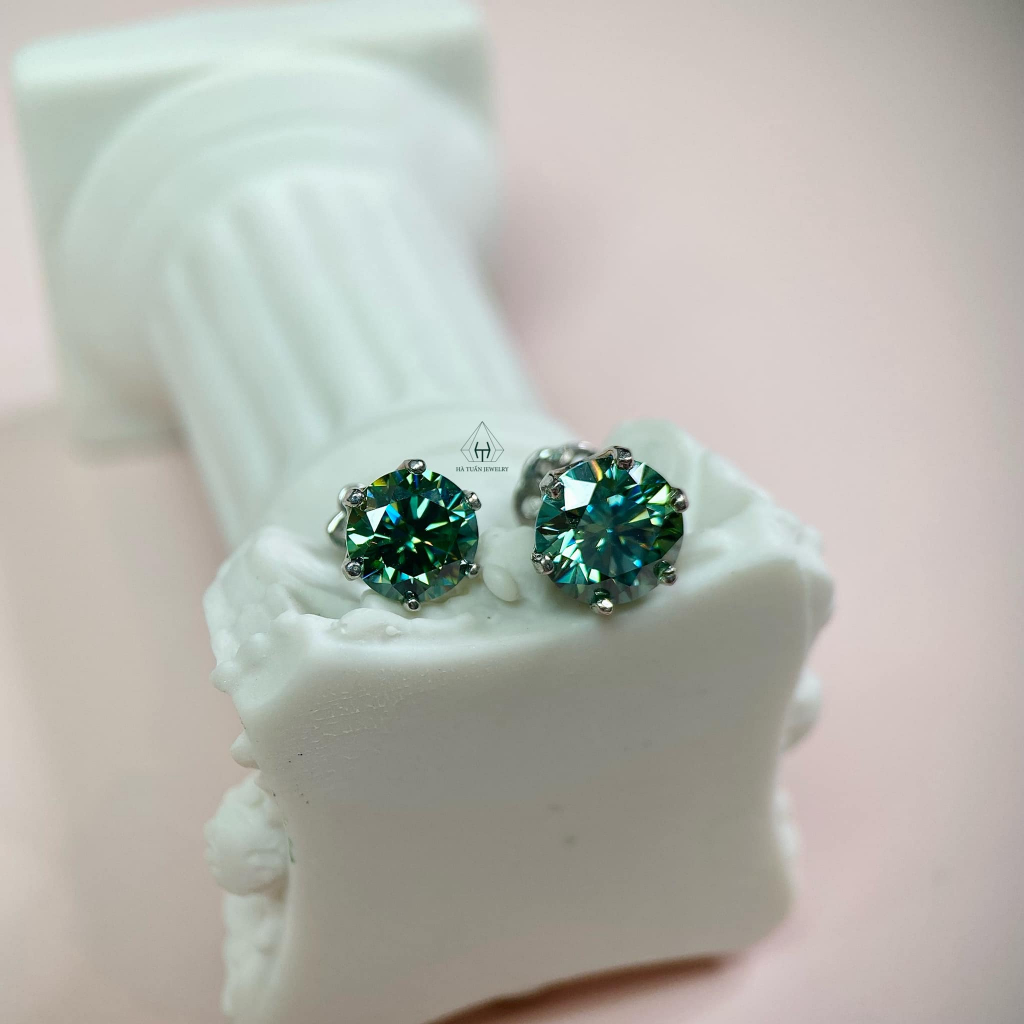 Bông tai Bạc nam nữ Moissanite xanh lá 57 giác 4-8mm EX003