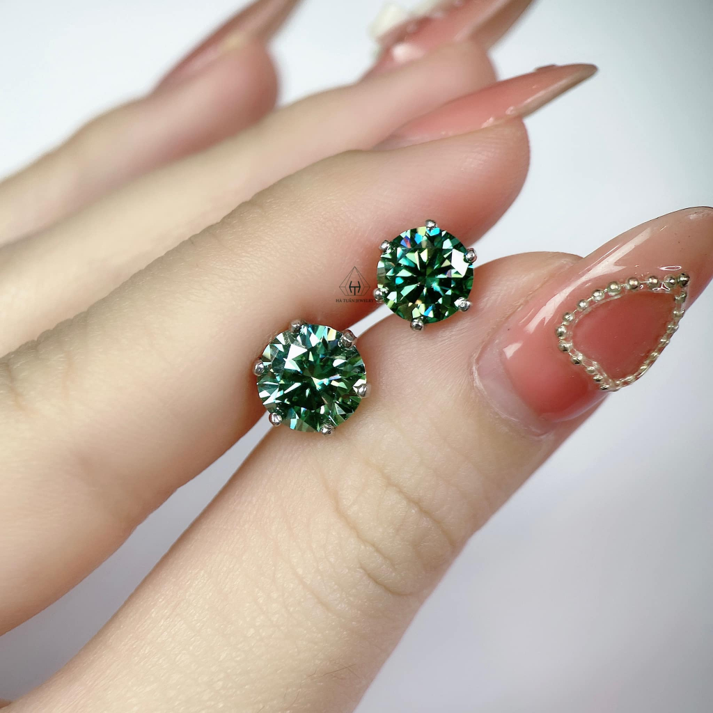 Bông tai Bạc nam nữ Moissanite xanh lá 57 giác 4-8mm EX003